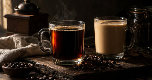 A dark black iced coffee beside a pale opaque protein coffee, showing how protein changes the drink
