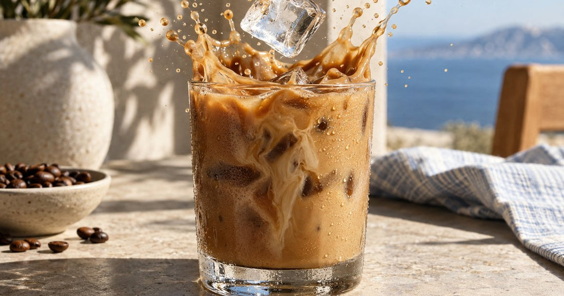 A frosted glass of iced protein coffee beaded with condensation in bright morning light