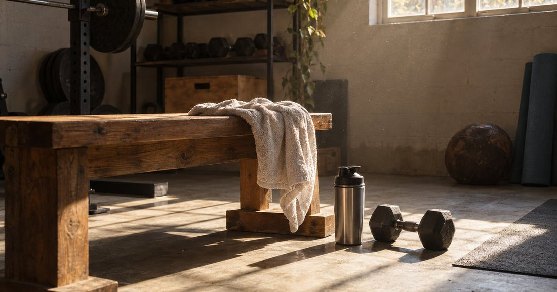 A glass of iced protein coffee beside a rolled towel and a small dumbbell, on workout timing