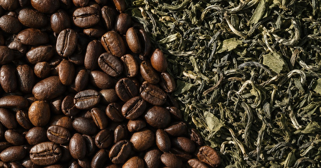 Iced coffee with coffee beans and green tea leaves, the two sources of caffeine and L-theanine