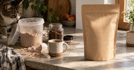 Two glasses of iced coffee — one beside loose powder and a scoop, one beside an unbranded pouch